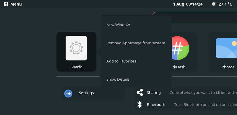 Контекстное меню приложения AppImage